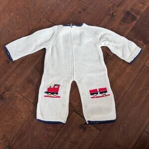 Grandma Nes Boys 6 Month Hand Knit Outfit Cream Trains Romper